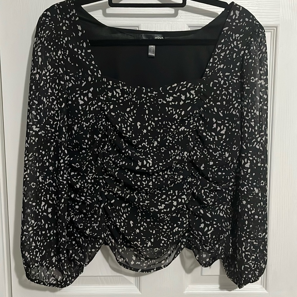 Aqua Black and White Animal Print Cropped Ruffle Top with Sheer Sleeves